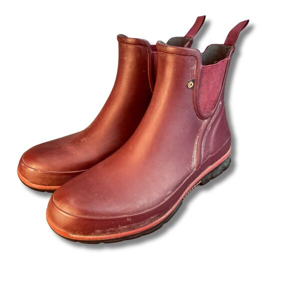BOGS Amanda Slip-On Rain Boots Women’s 10 Burgundy Waterproof Rubber Ankle Boot - Picture 2 of 14